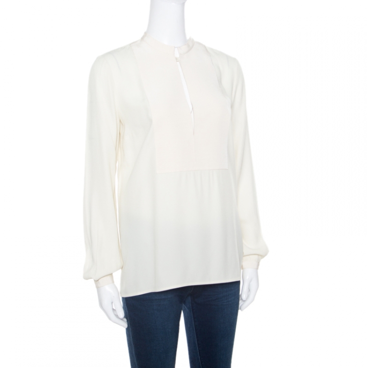 Pre Owned Gucci Cream Grosgrain Trim Detail Long Sleeve Blouse S