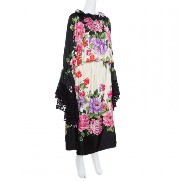 Pre Owned Gucci Beige Floral Printed Silk Sequin Embellished Detail Ruffled Neck Maxi Dress M