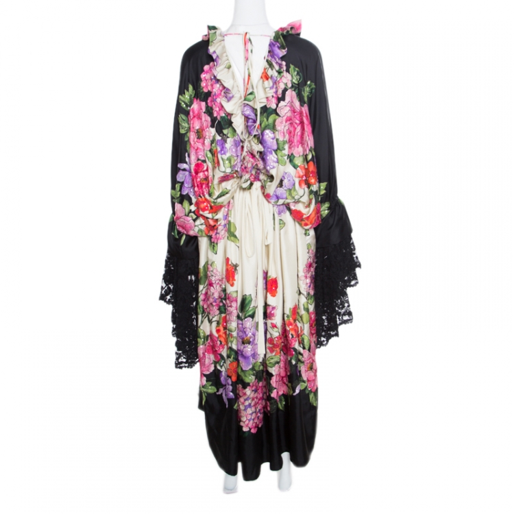 Pre Owned Gucci Beige Floral Printed Silk Sequin Embellished Detail Ruffled Neck Maxi Dress M