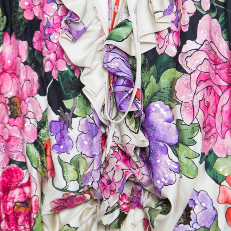 Pre Owned Gucci Beige Floral Printed Silk Sequin Embellished Detail Ruffled Neck Maxi Dress M