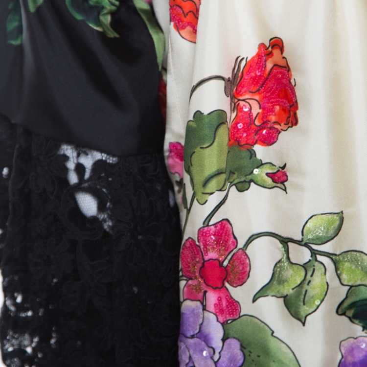 Pre Owned Gucci Beige Floral Printed Silk Sequin Embellished Detail Ruffled Neck Maxi Dress M