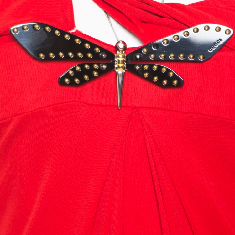 Pre Owned Gucci Red Crepe Knit Dragonfly Brooch Detail Draped One Shoulder Evening Gown L