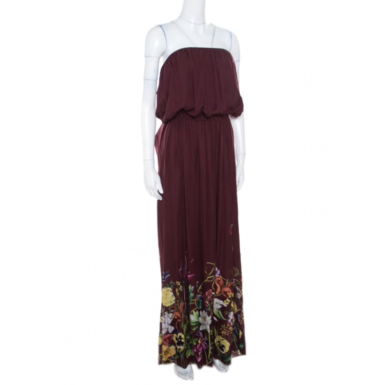 Pre Owned Gucci Burgundy Floral Printed Silk Tie Detail Strapless Maxi Dress M