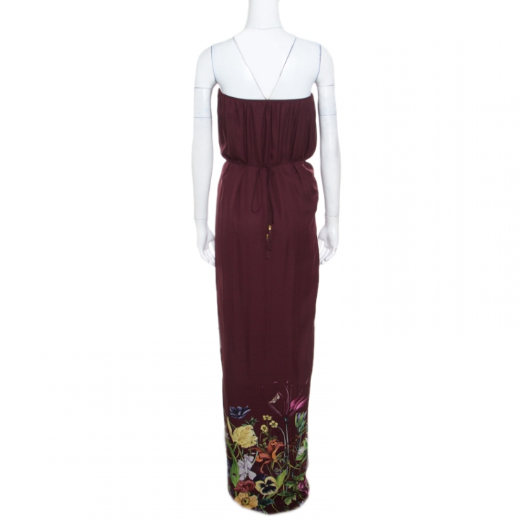 Pre Owned Gucci Burgundy Floral Printed Silk Tie Detail Strapless Maxi Dress M