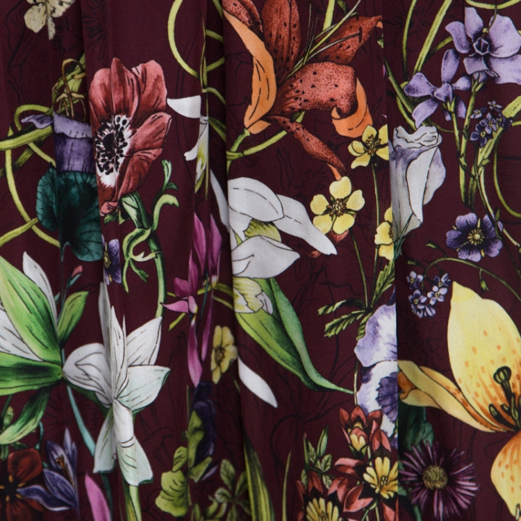 Pre Owned Gucci Burgundy Floral Printed Silk Tie Detail Strapless Maxi Dress M