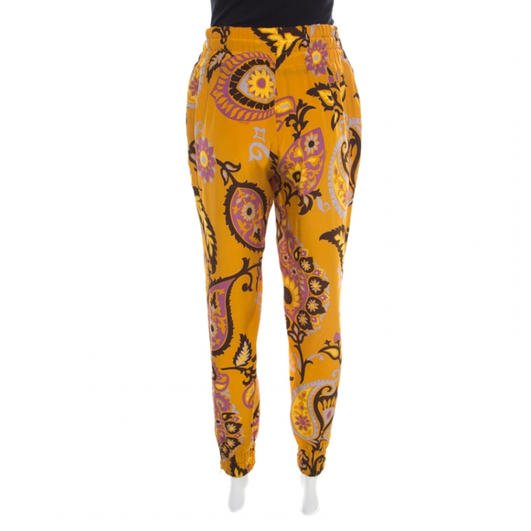 Pre Owned Gucci Ochre Yellow Paisley Printed Silk Elasticized Waist Jogger Pants M