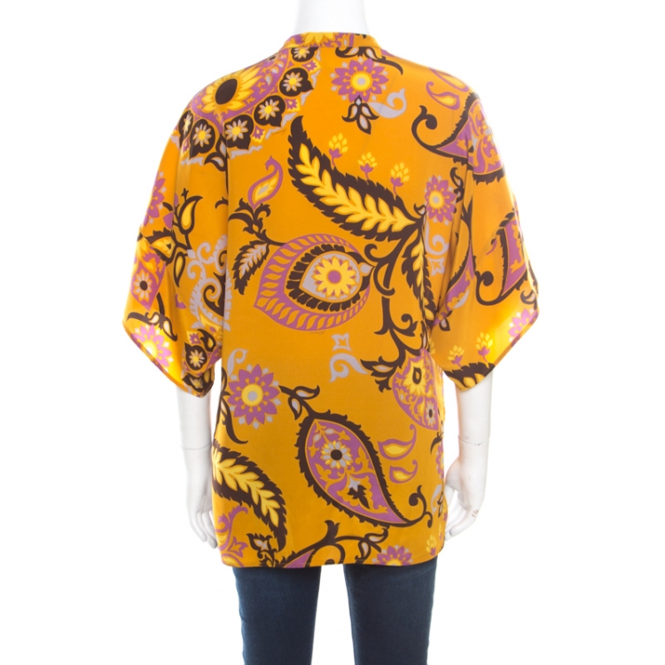 Pre Owned Gucci Ochre Yellow Paisley Printed Silk Dolman Sleeve Boxy Blouse M