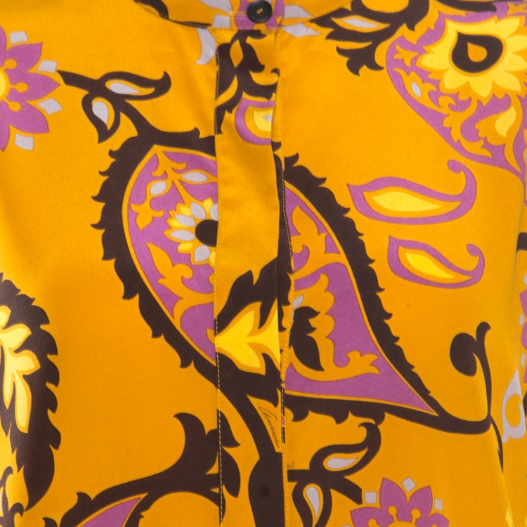 Pre Owned Gucci Ochre Yellow Paisley Printed Silk Dolman Sleeve Boxy Blouse M