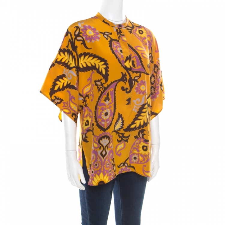 Pre Owned Gucci Ochre Yellow Paisley Printed Silk Dolman Sleeve Boxy Blouse M
