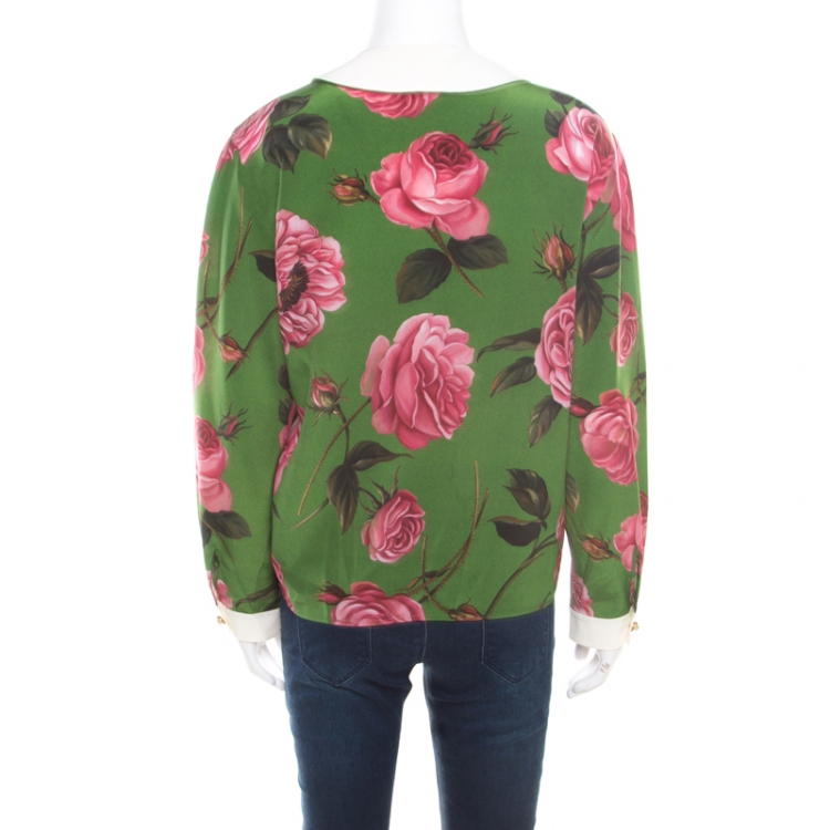 Pre Owned Gucci Green English Rose Printed Silk Crepe de Chine Blouse M