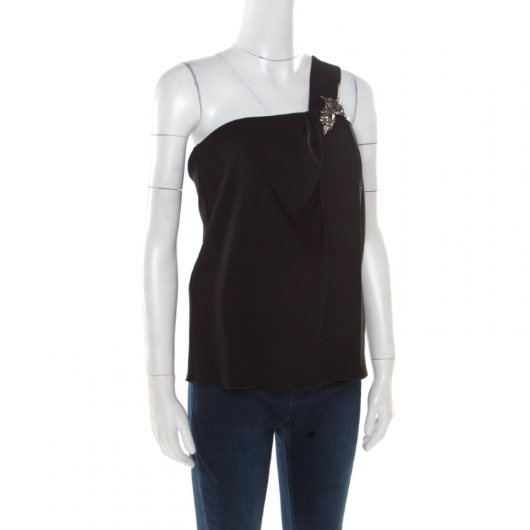 Pre Owned Gucci Black Wool Crepe Embellished Brooch Detail One Shoulder Top S