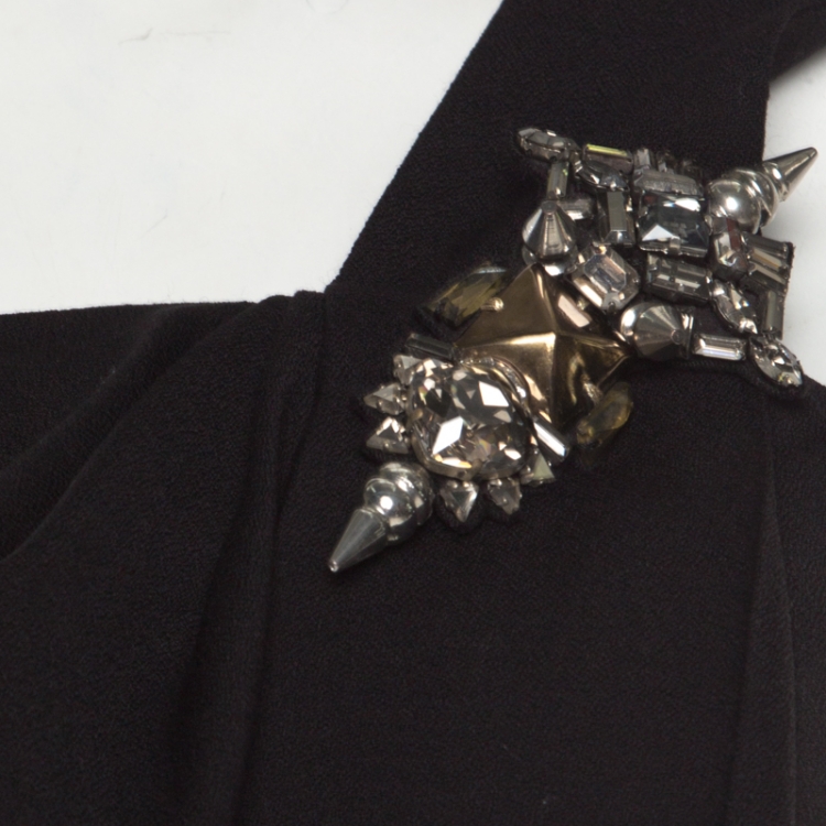 Pre Owned Gucci Black Wool Crepe Embellished Brooch Detail One Shoulder Top S