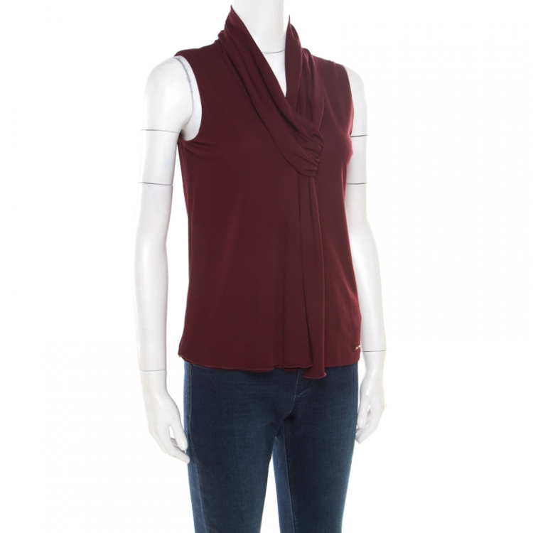 Pre Owned Gucci Burgundy Jersey Draped Neck Detail Sleeveless Top XS