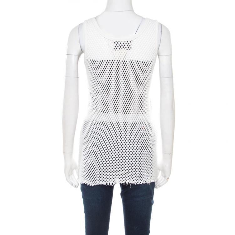 Pre Owned Gucci Off White Perforated Cotton Knit Logo Printed Tank Top M