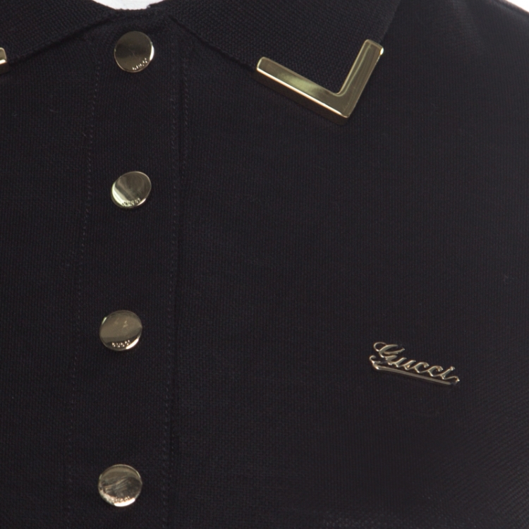 Pre Owned Gucci Black Honeycomb Knit Metal Tipped Collar Polo T-Shirt XS