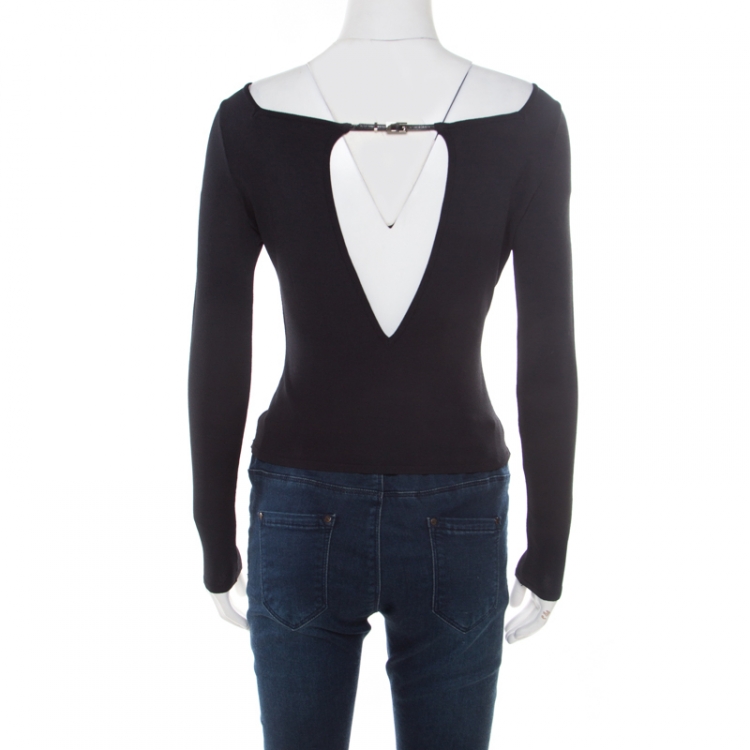 Pre Owned Gucci Black Stretch Knit Leather Buckle Trim Long Sleeve Fitted Top S