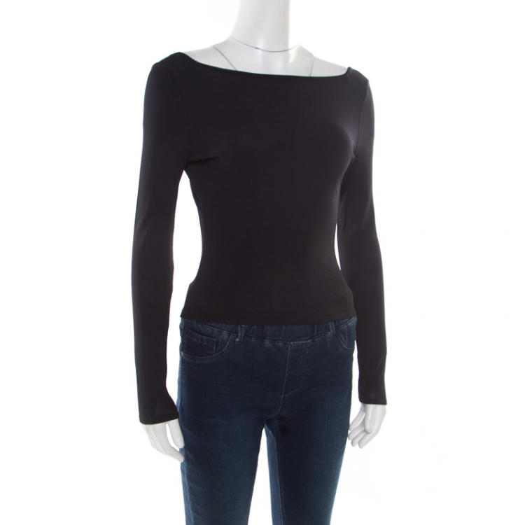 Pre Owned Gucci Black Stretch Knit Leather Buckle Trim Long Sleeve Fitted Top S