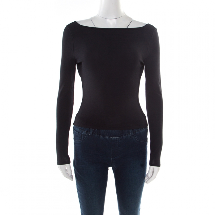 Pre Owned Gucci Black Stretch Knit Leather Buckle Trim Long Sleeve Fitted Top S