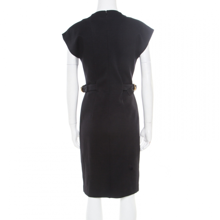 Pre Owned Gucci Black Textured Wool Blend Horsebit Buckled Waist Detail Dress S