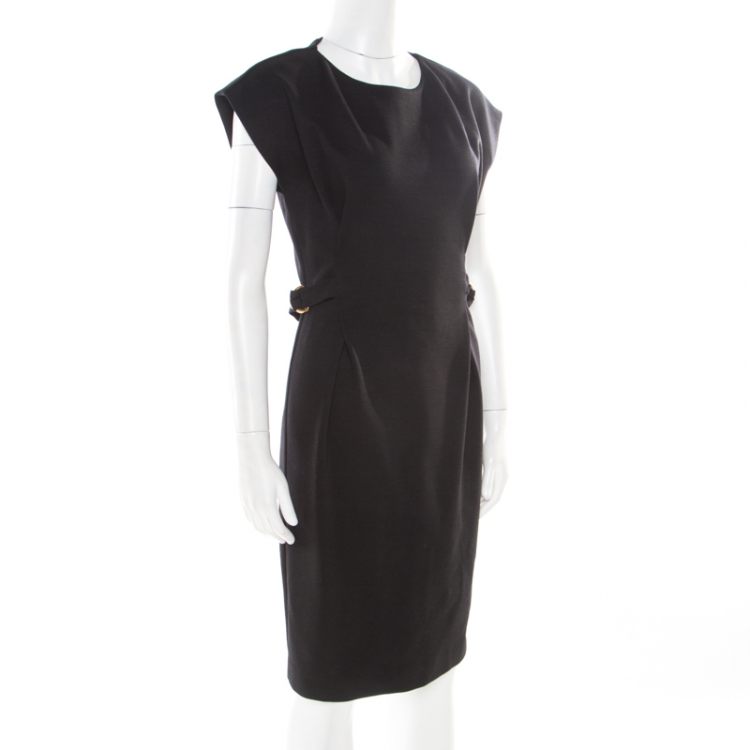 Pre Owned Gucci Black Textured Wool Blend Horsebit Buckled Waist Detail Dress S