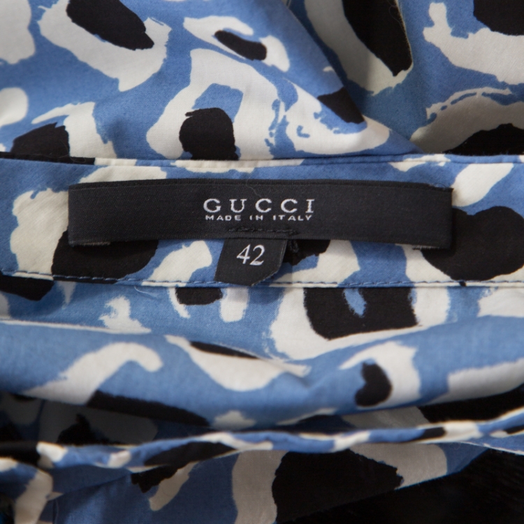 Pre Owned Gucci Blue Leopard Print Cotton Short Sleeve Blouse M