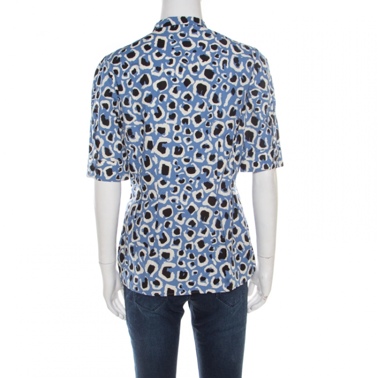 Pre Owned Gucci Blue Leopard Print Cotton Short Sleeve Blouse M