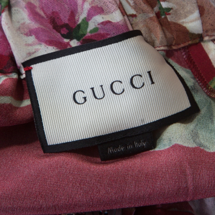Pre Owned Gucci Maroon Cerise Blooms Printed Silk Crepe de Chine Pajama Pants L