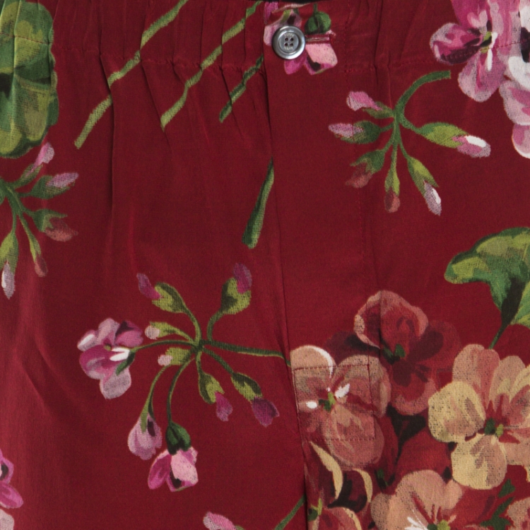 Pre Owned Gucci Maroon Cerise Blooms Printed Silk Crepe de Chine Pajama Pants L
