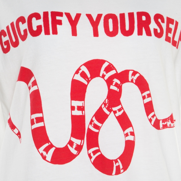 Pre Owned Gucci White Guccify Yourself Print Cotton Crew Neck T- Shirt XS
