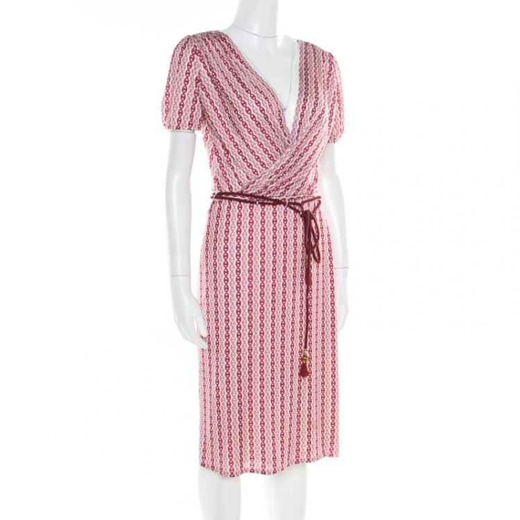 Pre Owned Gucci Off White and Burgundy Chain Printed Plunge Neck Belted Wrap Dress S