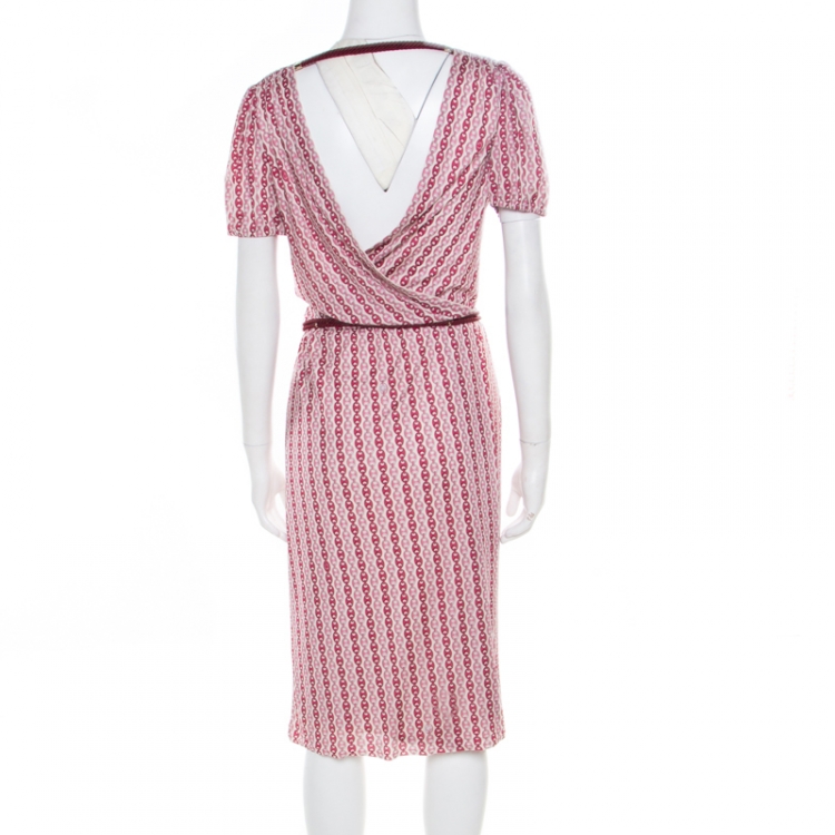 Pre Owned Gucci Off White and Burgundy Chain Printed Plunge Neck Belted Wrap Dress S