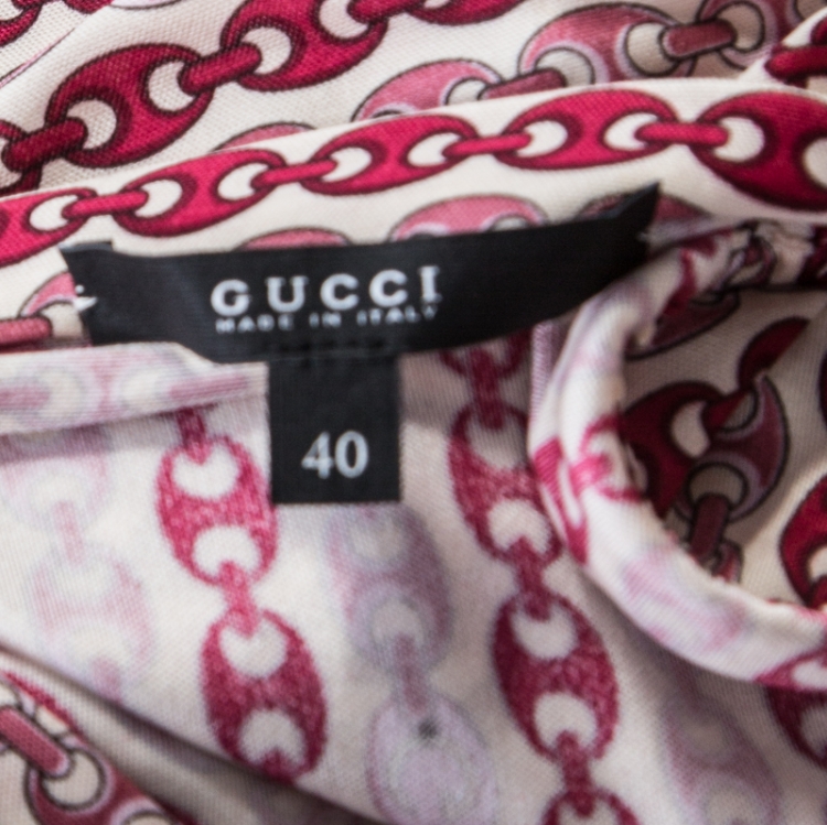 Pre Owned Gucci Off White and Burgundy Chain Printed Plunge Neck Belted Wrap Dress S