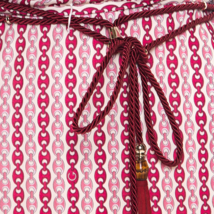 Pre Owned Gucci Off White and Burgundy Chain Printed Plunge Neck Belted Wrap Dress S