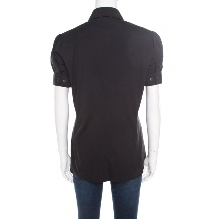 Pre Owned Gucci Black Cotton Bow Brooch Detail Short Sleeve Shirt L