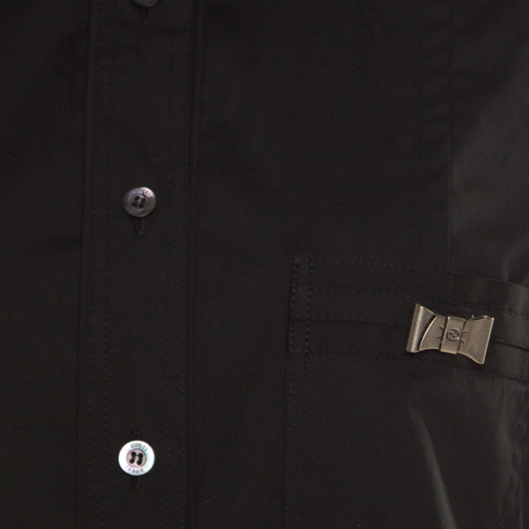Pre Owned Gucci Black Cotton Bow Brooch Detail Short Sleeve Shirt L