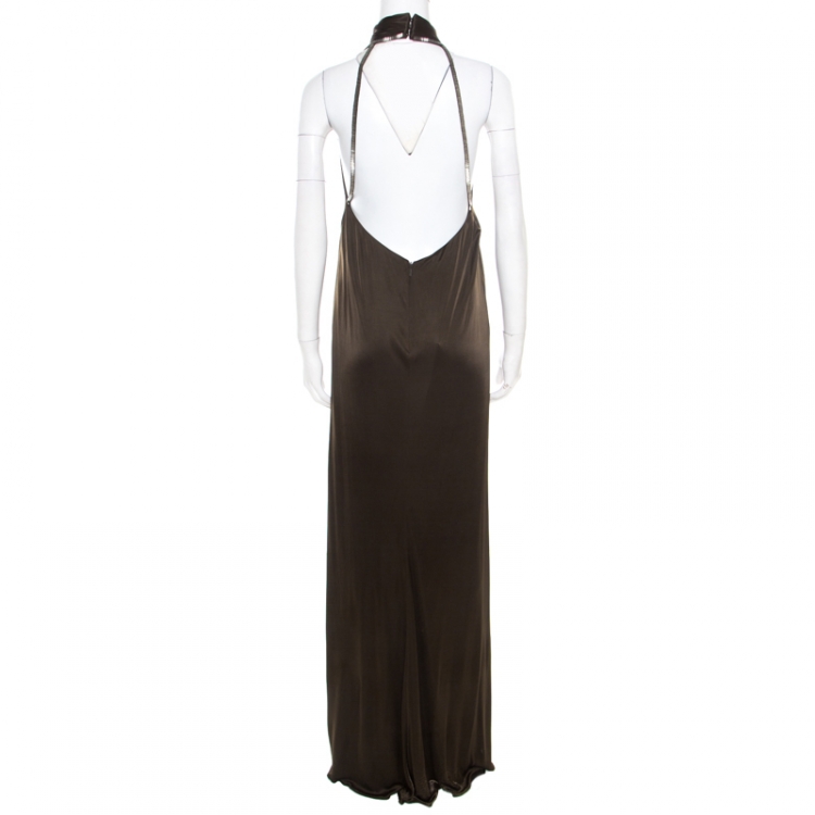 Pre Owned Gucci Olive Green Embellished Halter Backless Gown M