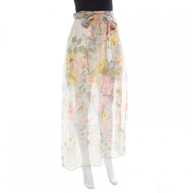 Pre Owned Gucci Floral Printed Sheer Silk Lace Underlay Belted Maxi Skirt S
