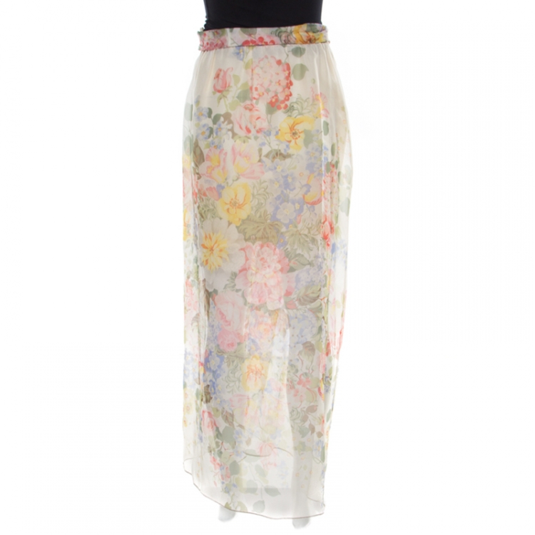 Pre Owned Gucci Floral Printed Sheer Silk Lace Underlay Belted Maxi Skirt S