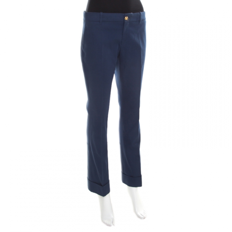 Pre Owned Gucci Blue Cotton Logo Button Detail Tailored Trousers M