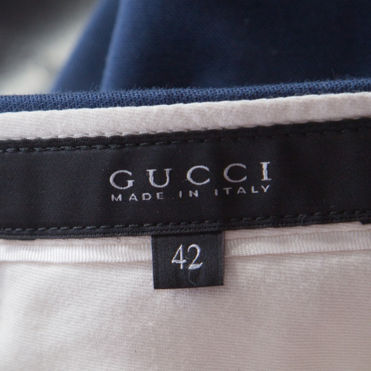 Pre Owned Gucci Blue Cotton Logo Button Detail Tailored Trousers M