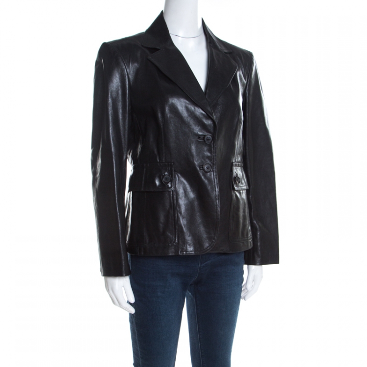 Pre Owned Gucci Black Leather Tailored Two Button Blazer L