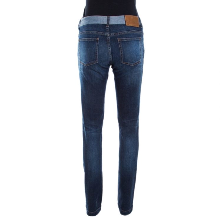Pre Owned Gucci Indigo Faded Effect Denim Leather Horsebit Detail Tapered Jeans M