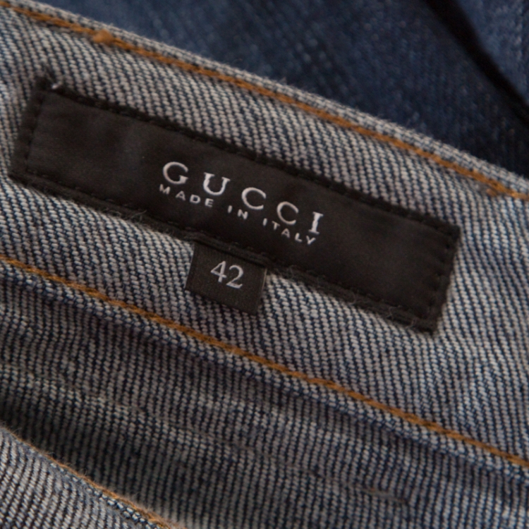 Pre Owned Gucci Indigo Faded Effect Denim Leather Horsebit Detail Tapered Jeans M