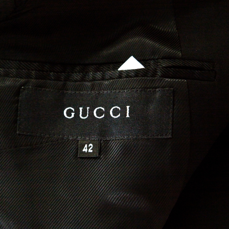 Pre Owned Gucci Black Wool Leather Collar Detail Double Breasted Jacket M