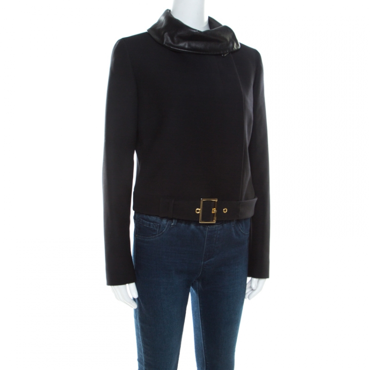 Pre Owned Gucci Black Wool Leather Collar Detail Double Breasted Jacket M
