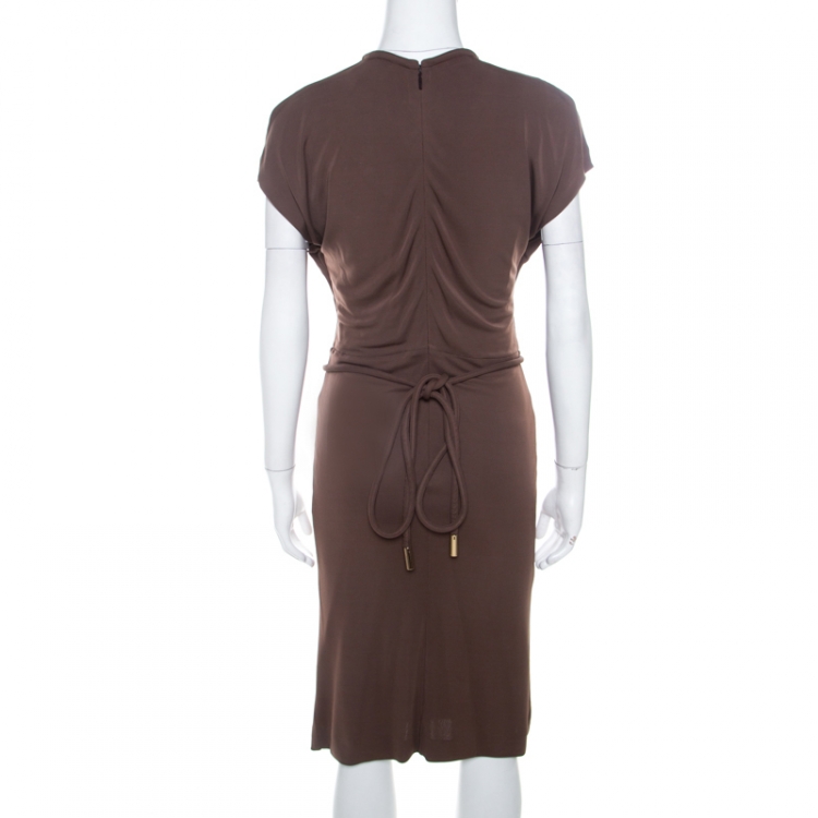 Pre Owned Gucci Walnut Brown Crepe Knit Cut Out Choker Neck Sheath Dress M