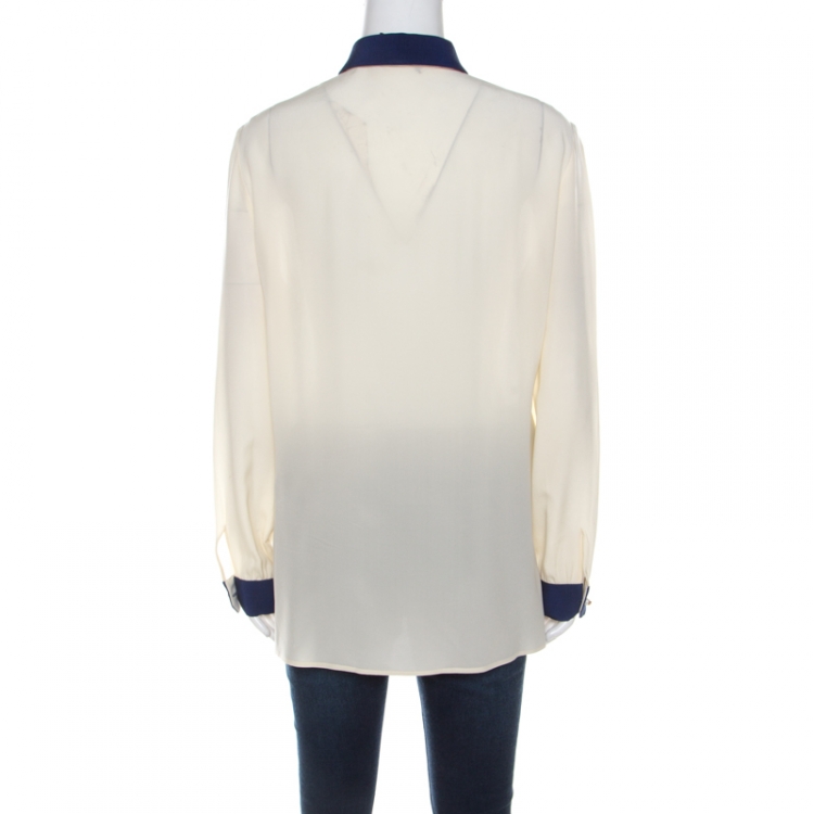 Pre Owned Gucci Cream Crepe Silk Bee Applique Detail Button Down Bow Tie Shirt L