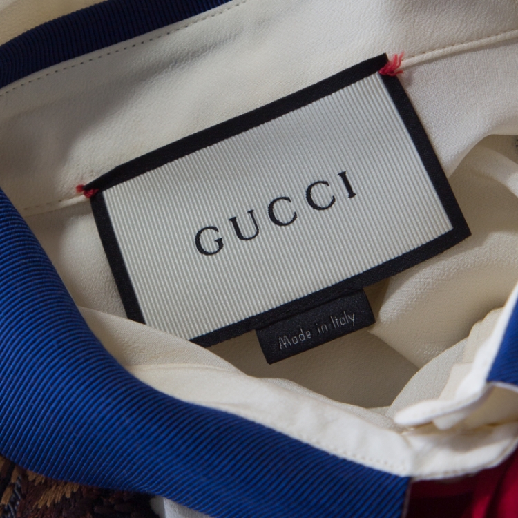 Pre Owned Gucci Cream Crepe Silk Bee Applique Detail Button Down Bow Tie Shirt L