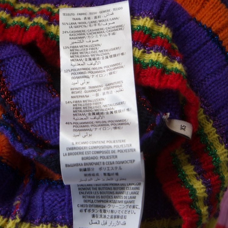 Pre Owned Gucci Multicolor Rainbow Striped Wool Blend Floral Applique Pearl Button Cardigan XS