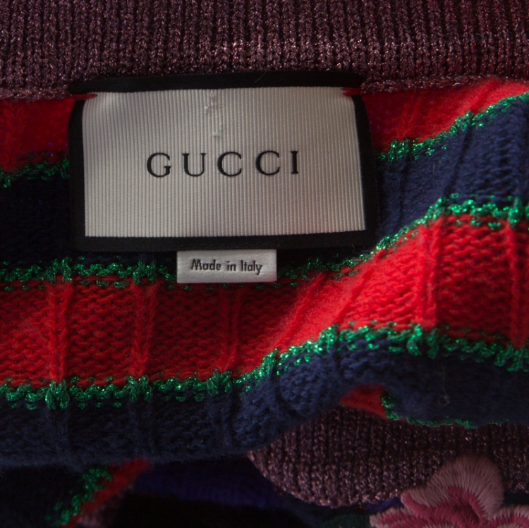 Pre Owned Gucci Multicolor Rainbow Striped Wool Blend Floral Applique Pearl Button Cardigan XS